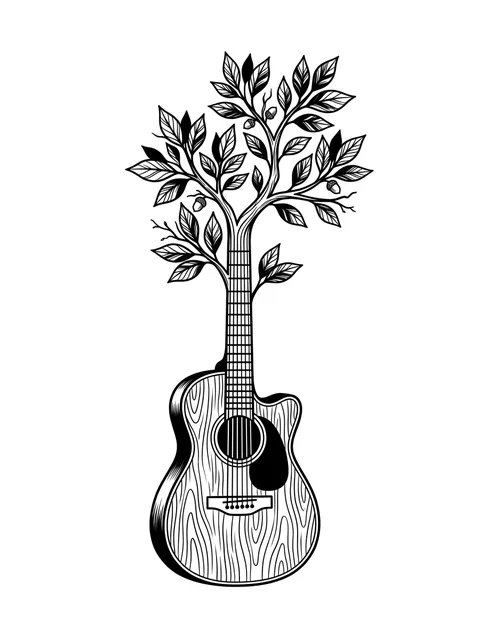 Black and grey surreal guitar and tree tattoo design