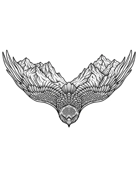 Black and grey surreal hawk and mountain tattoo design
