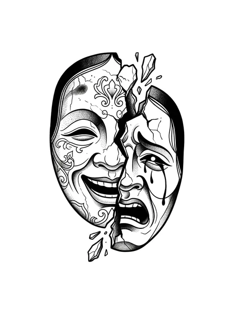 Black and grey surreal laugh now cry later tattoo design