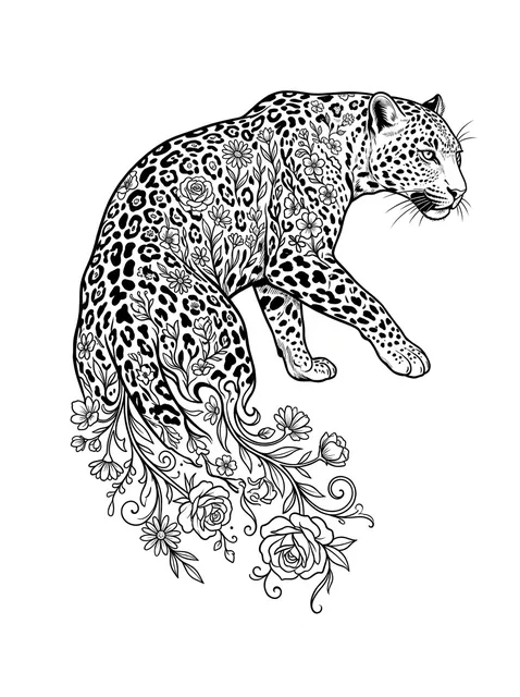 Black and grey surreal leopard and flower tattoo design