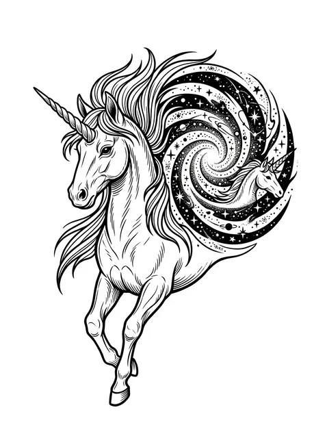 Black and grey surreal unicorn and galaxy tattoo design