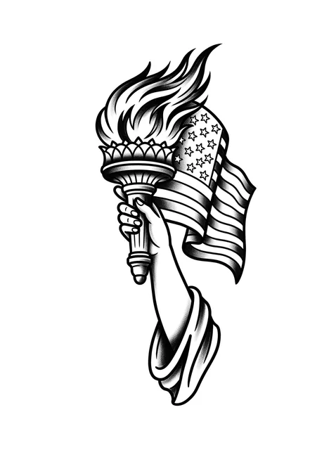 Black and grey traditional american flag and torch tattoo design