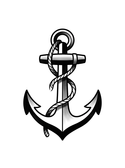 Black and grey traditional anchor tattoo design: a rope wrapped around its shaft