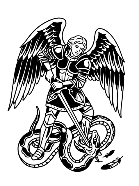 Black and white traditional sword and archangel tattoo design