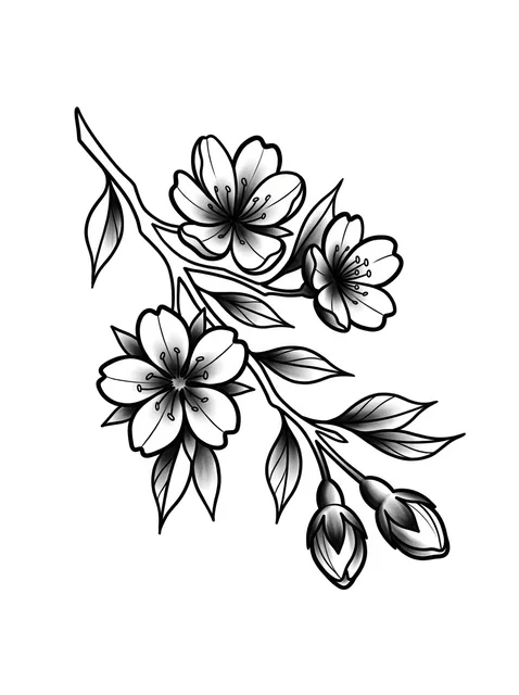 traditional Cherry Blossom tattoo design, black and grey