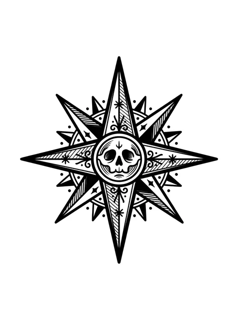 Black and grey traditional star and compass tattoo design: a compass rose with a skull at its center