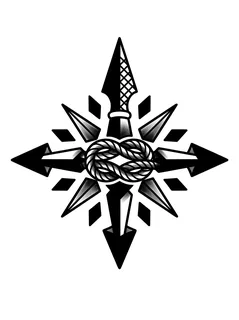 Black and grey traditional compass tattoo design: a compass rose with a rope knot at its center