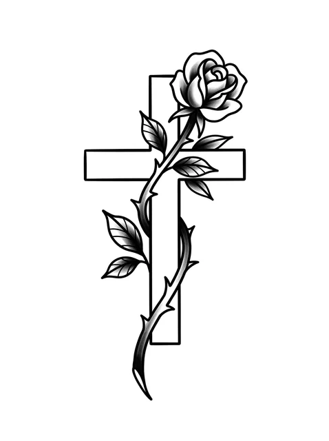 Black and grey traditional rose and cross tattoo design