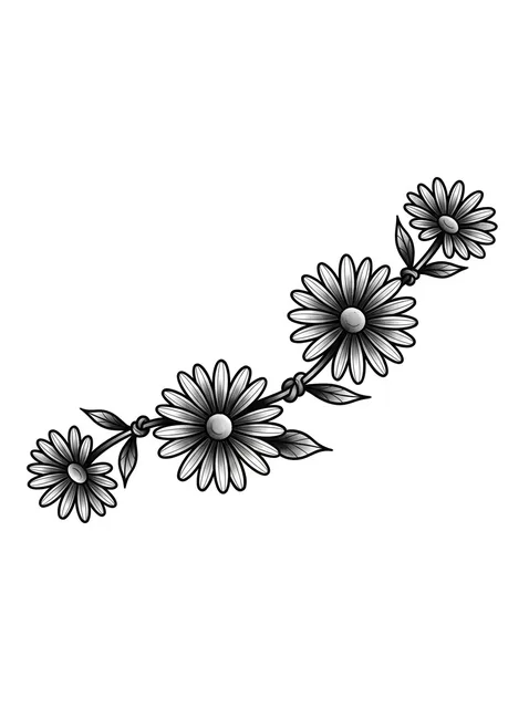 Black and grey traditional daisy and flower tattoo design: a string of daisies with leaves