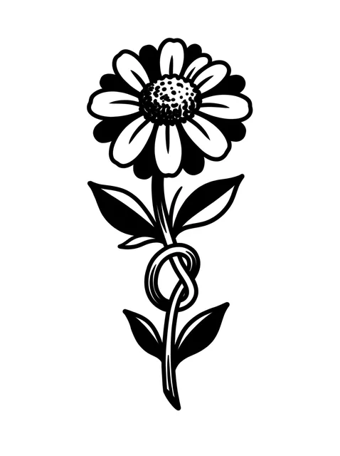 Black and grey traditional daisy and flower tattoo design: a single flower with a knotted stem