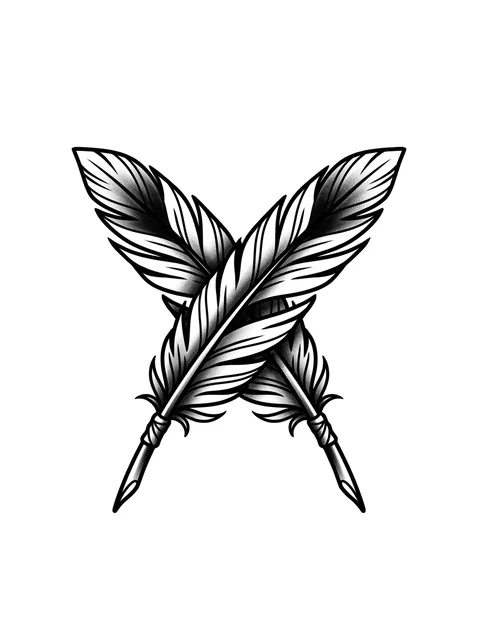 Black and grey traditional feather tattoo design: two crossed quill feathers