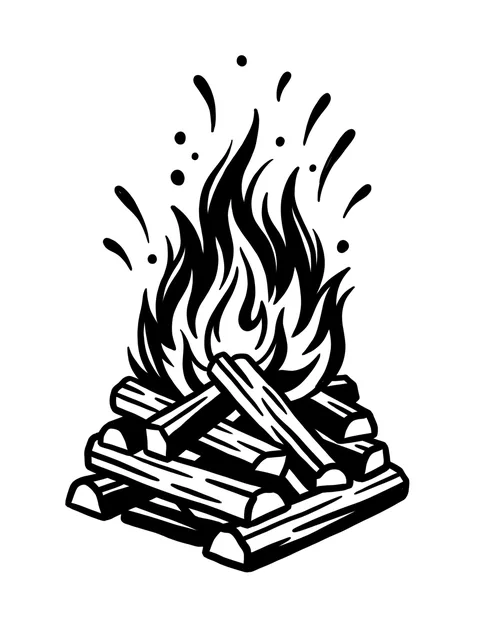 Black and grey traditional fire tattoo design: a campfire with logs and flames