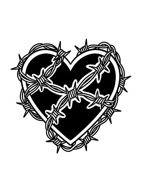 Black and grey traditional heart tattoo design: a black heart wrapped in barbed wire