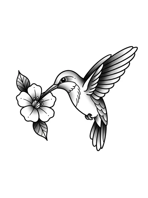 Black and grey traditional flower and hummingbird tattoo design