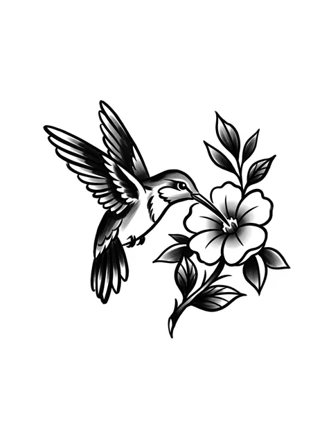 Black and grey traditional hummingbird and flower tattoo design