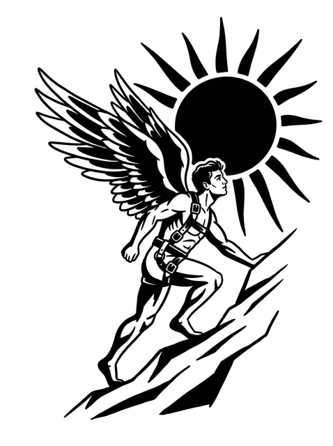 Black and grey traditional icarus and angel wings tattoo design