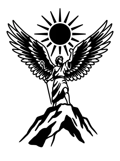 Black and grey traditional icarus and sun tattoo design