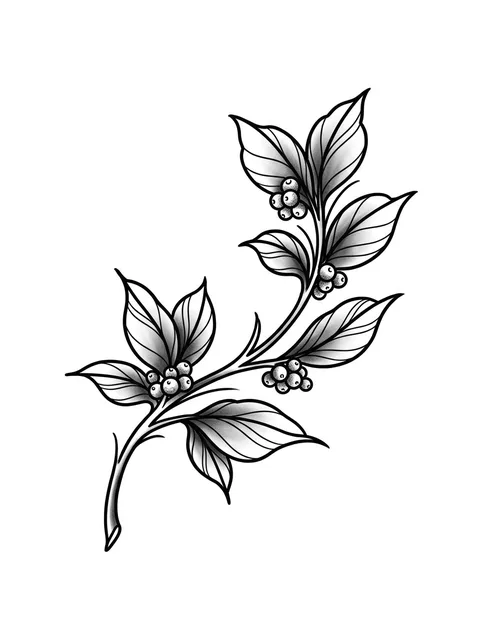 Black and grey traditional leaf tattoo design: a branch with leaves and berries