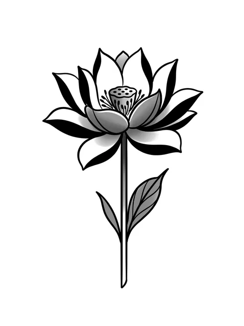 Black and grey traditional lotus and flower tattoo design: a long stem and two small leaves