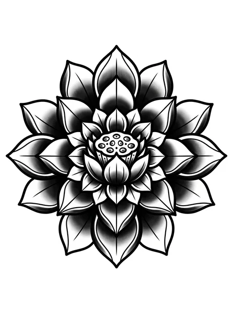 Black and grey traditional lotus tattoo design