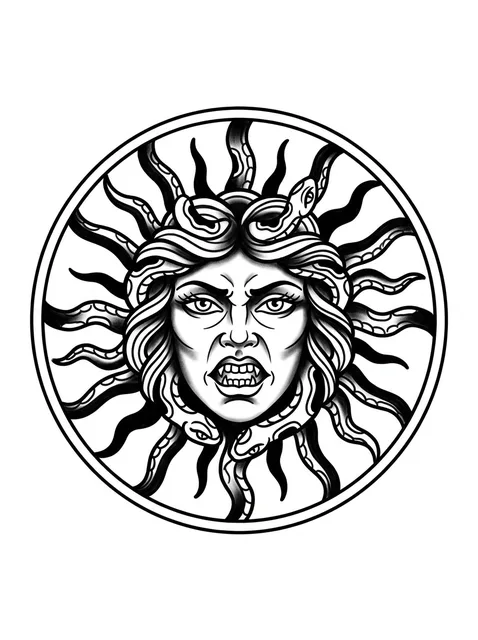 Black and grey traditional medusa and snake tattoo design