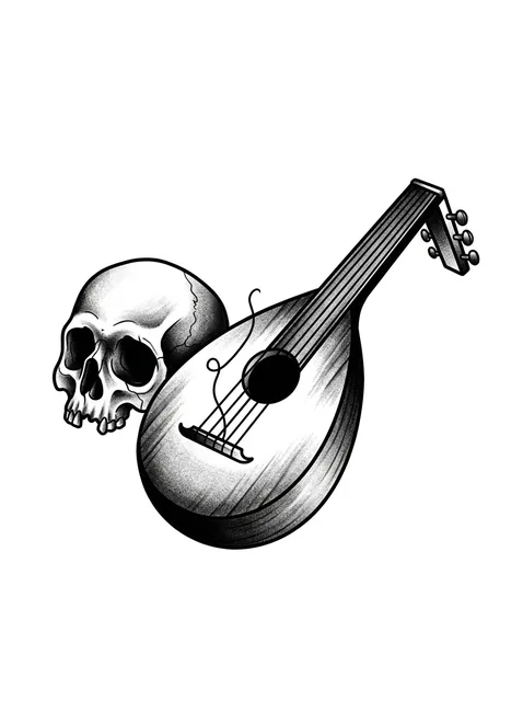Black and grey traditional memento mori and skull tattoo design: a skull and a mandolin