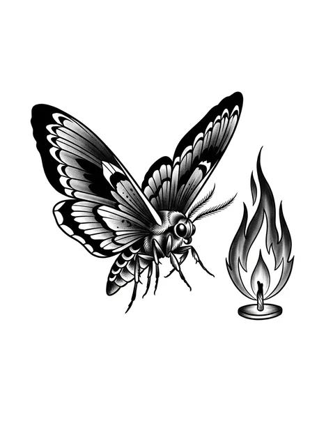 Black and grey traditional fire and moth tattoo design