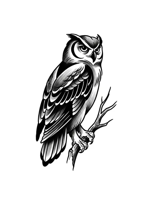 Black and grey traditional owl and tree tattoo design