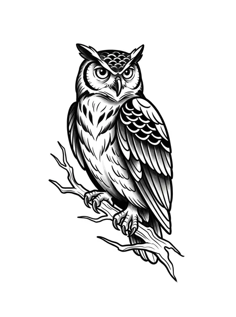 Black and grey traditional owl tattoo design: an owl perched on a branch