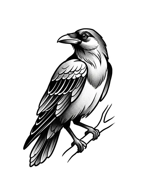 Black and grey traditional bird and raven tattoo design: a raven perched on a branch
