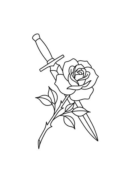 Black and grey traditional rose and dagger tattoo design