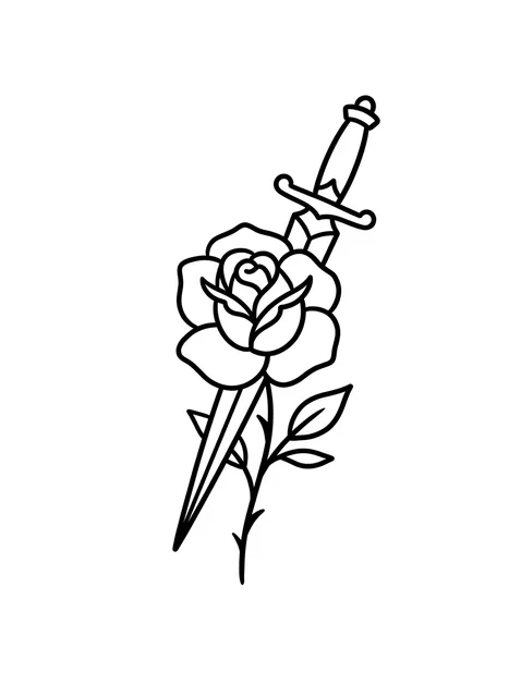 Black and grey traditional rose and dagger tattoo design