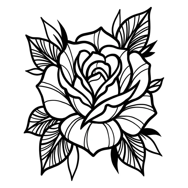 Black and white traditional rose and leaf tattoo design