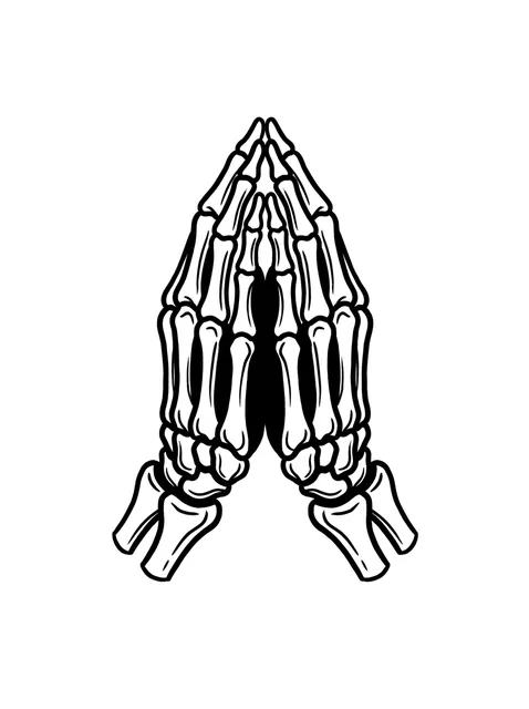 Black and white traditional skeleton hand and praying hands tattoo design