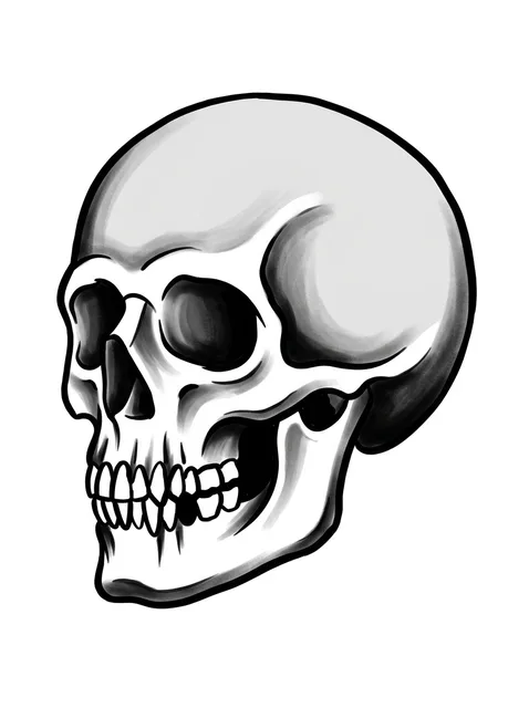 Black and grey traditional skull tattoo design: a skull in profile
