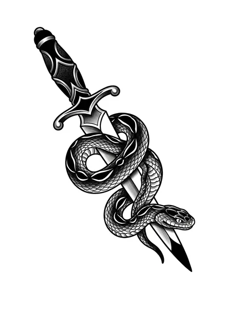 Black and grey traditional snake and dagger tattoo design: a snake coiled around a dagger