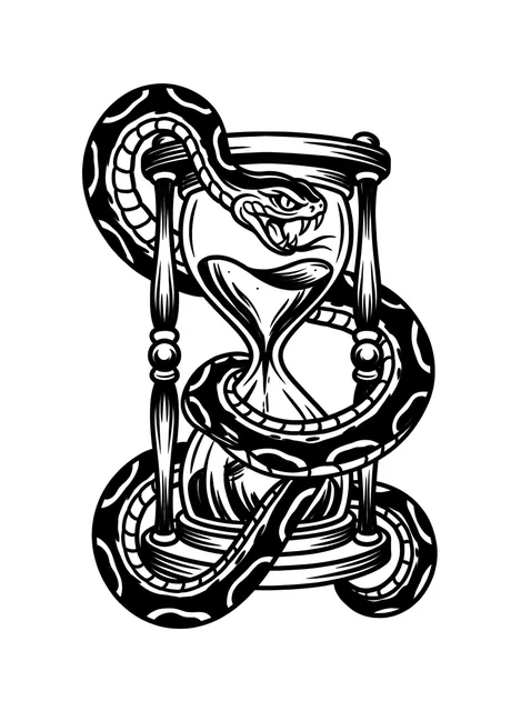 Black and white traditional hourglass and snake tattoo design: a snake coiled around an hourglass