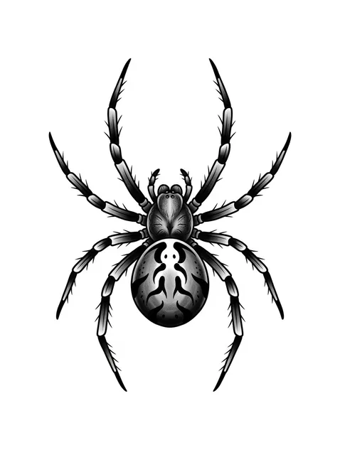 Black and grey traditional spider tattoo design: a detailed body and legs with bold outlines
