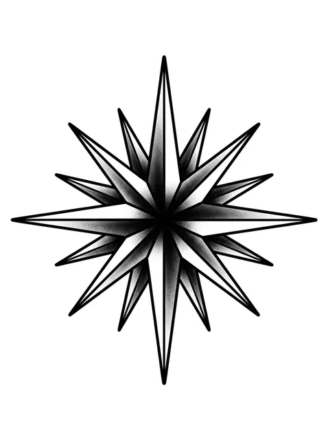 Black and grey traditional star tattoo design: a compass rose or nautical star