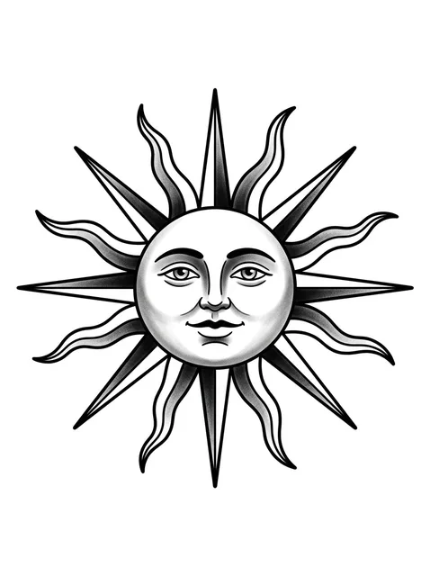 Black and grey traditional sun tattoo design: a sun with a human face