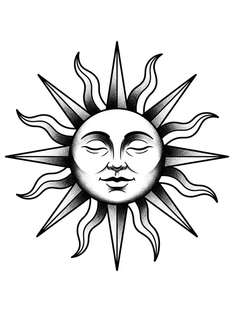 Black and grey traditional sun tattoo design: a calm human face at its center