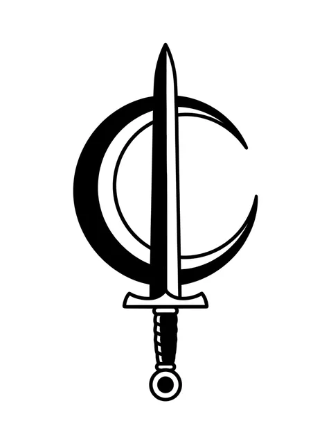 Black and white traditional sword and moon tattoo design: a sword piercing through a crescent moon