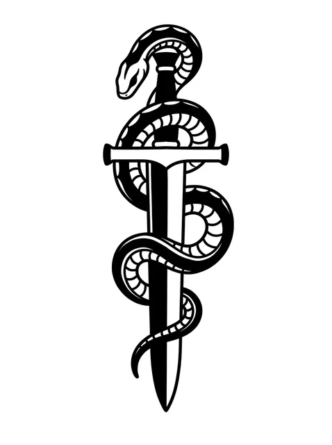 Black and grey traditional sword and snake tattoo design: a snake wrapped around a dagger