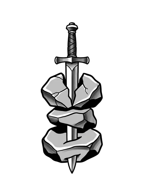 Black and grey traditional sword tattoo design: a sword piercing through three stacked rocks
