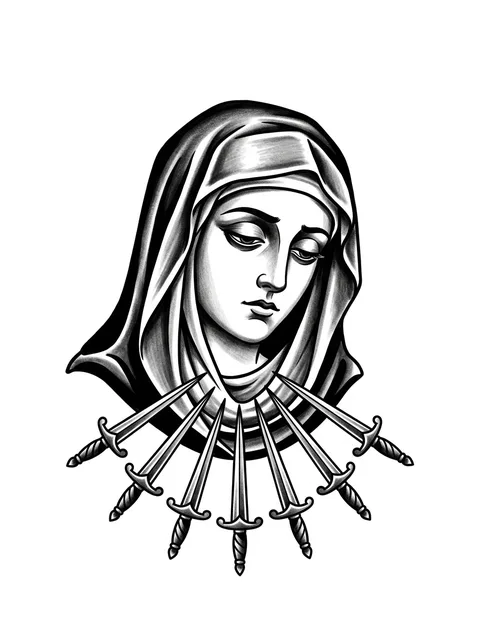Black and grey traditional dagger and virgin mary tattoo design