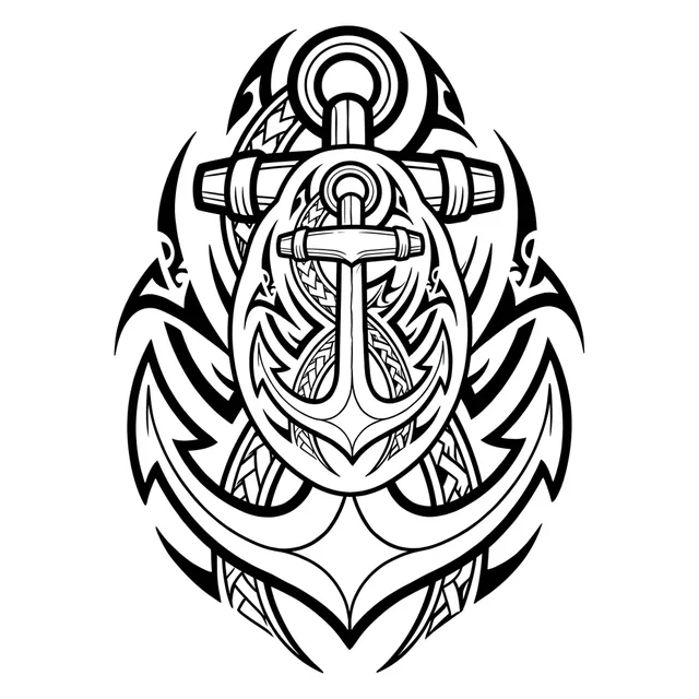 Black and white tribal anchor tattoo design: an anchor as the central element