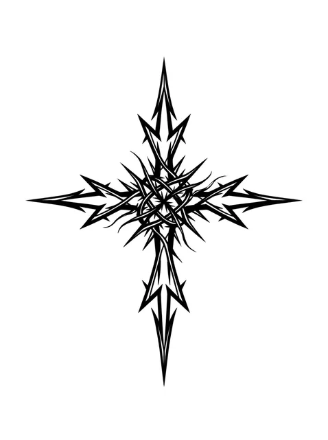 Black and white tribal cross and vine tattoo design
