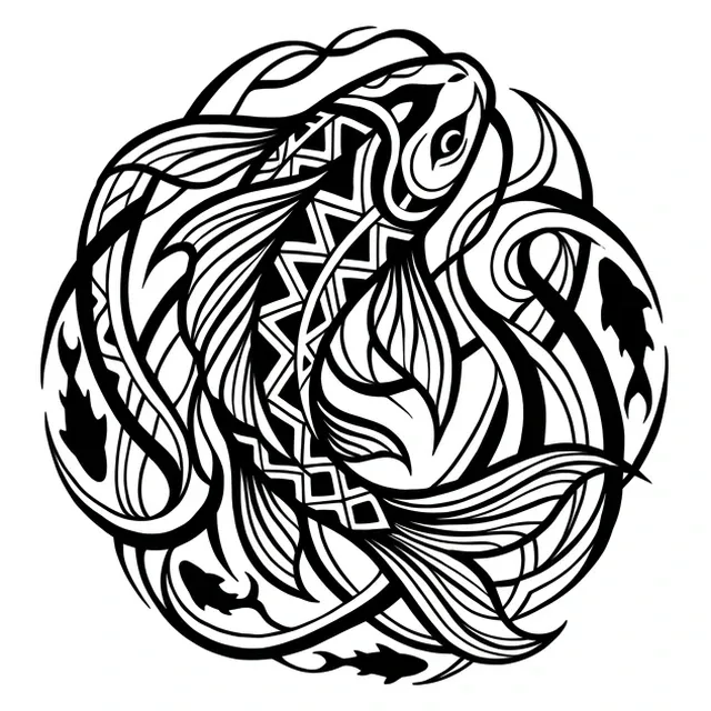 Black and white tribal fish and koi tattoo design