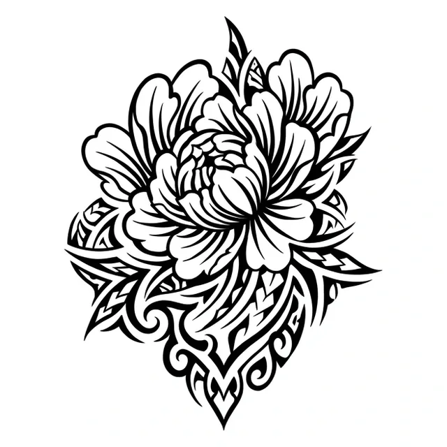 Black and white tribal peony and flower tattoo design