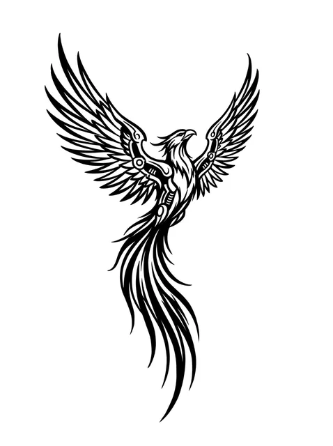 Black and white tribal phoenix tattoo design: its wings spread wide